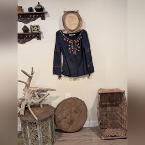 Tunic. Boho Navy Tunic Top Colorful Embroidered Bell Sleeves.